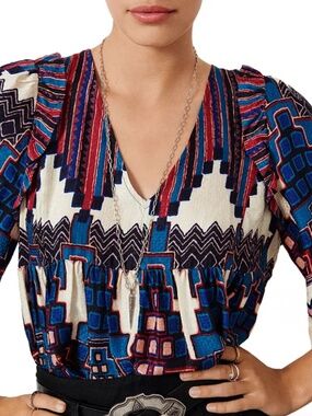 ba&sh Marry Printed Elbow Sleeve Cream Tunic Blue Burgundy Geometric | 3